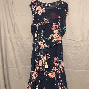 Solid blue slip dress with flowered overlay